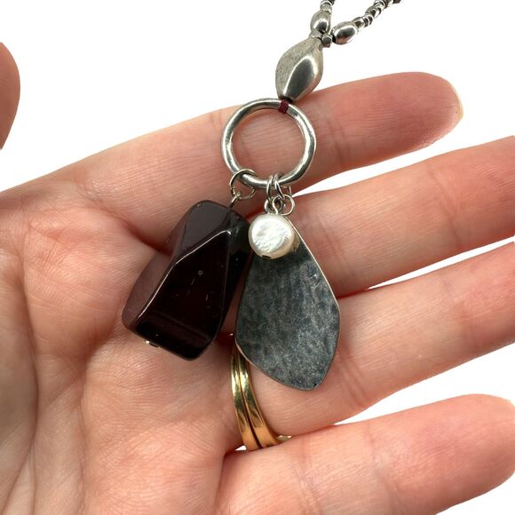 J. Jill Charm Necklace Beaded Silver Tone Chain Hammered Metal Stone Faux Pearl - Picture 5 of 7